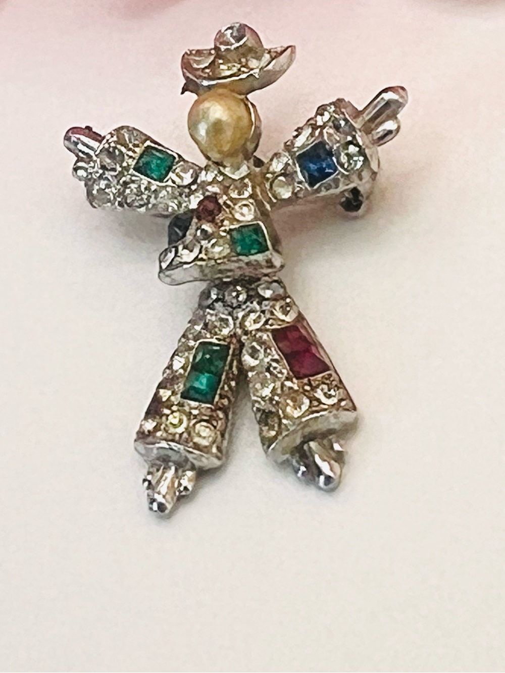 Coro Multicolor Rhinestone Clown Brooch with Pearl Head